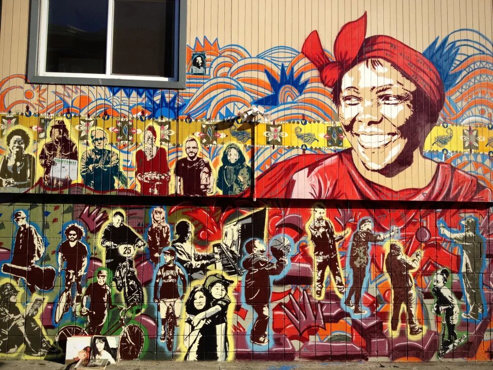 San Francisco street mural by Kate Decicco and Delvin Kenobe, celebrating the life of human rights and environmental activist Wangari Maathai.