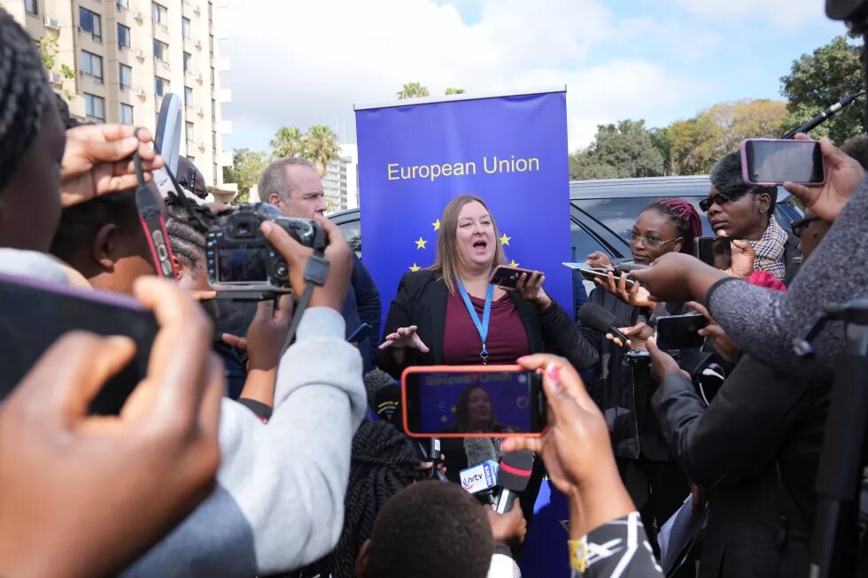 A member of the European Union Observation Mission to Zimbabwe addresses the media before deploying observers across the country