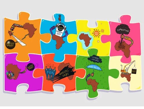 Illustration of the debt crisis in Africa: Puzzle pieces that address debt in different ways.